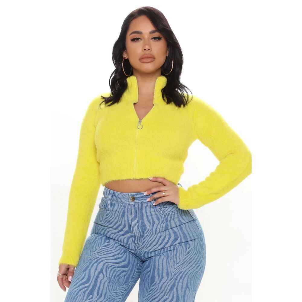 NWT FASHION NOVA Meet Me For Coffee Yellow Fuzzy Teddy Crop Sweater Medium